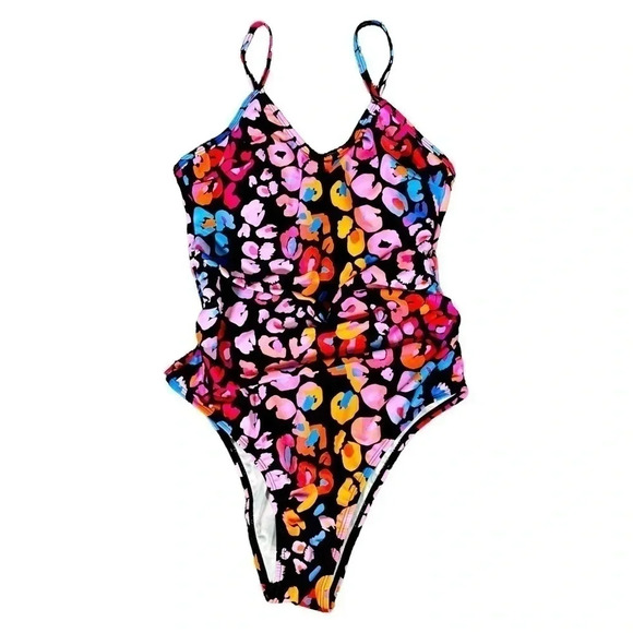 Multicolored Leopard Print  O-Ring One Piece Swimsuit - Picture 4 of 8